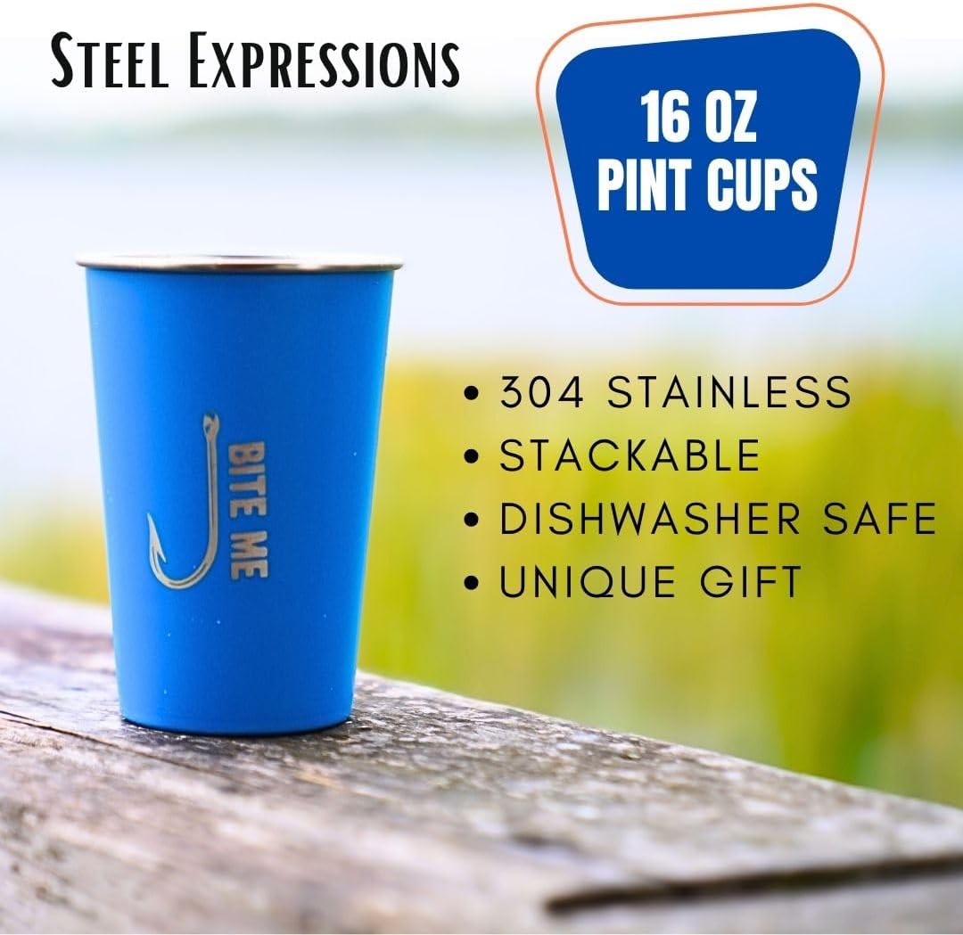 Steel Expressions – Vasos de acero inoxidable de 16 onzas, apilables y duraderos, para campamento, reutilizables y aptos para lavavajillas, juego de