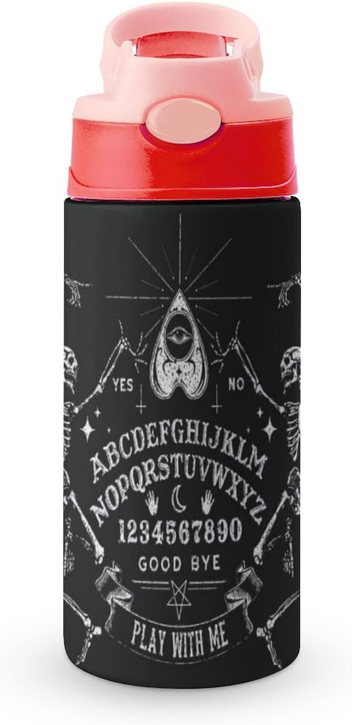 Botella de agua de viaje de acero inoxidable con diseño de bruja mágica de esqueleto gótico negro con pajilla, reutilizable, para hombres y mujeres