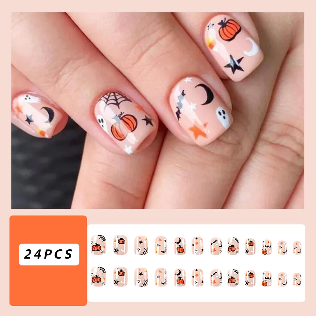 Uñas postizas a presión de Halloween, lindas uñas postizas de fantasma, con diseños de calabaza, luna, estrella, fantasma, cuadradas, uñas adhesivas