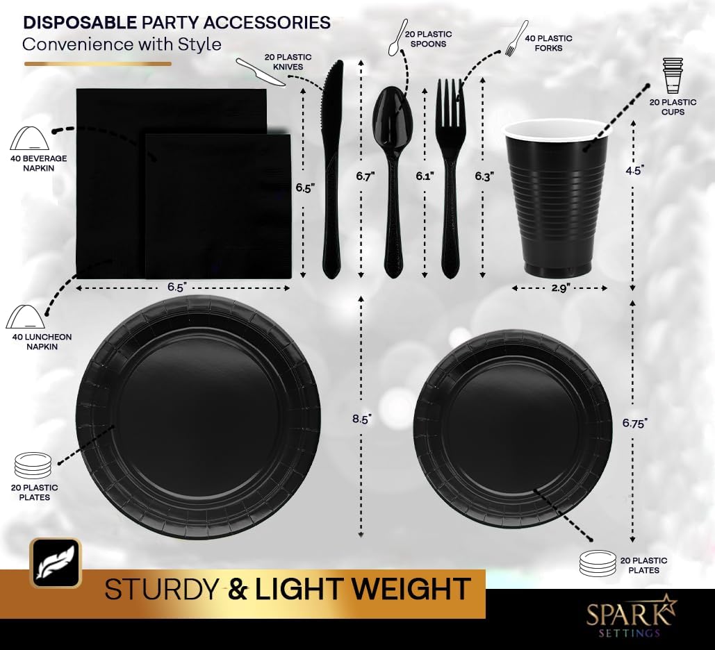 Juego de suministros negros para fiestas, platos de papel, vasos de plástico, tenedores, cuchillos, cucharas, servilletas, mantel para 20 invitados,