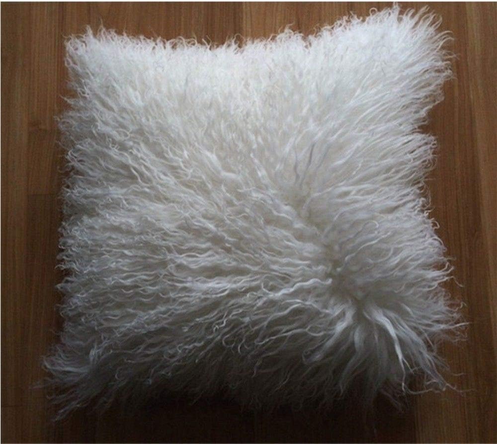 Seek4comfortable Funda de almohada de piel de cordero mongol 100% real (18 x 18 pulgadas, blanco)  Funda de almohada decorativa de piel para sala de