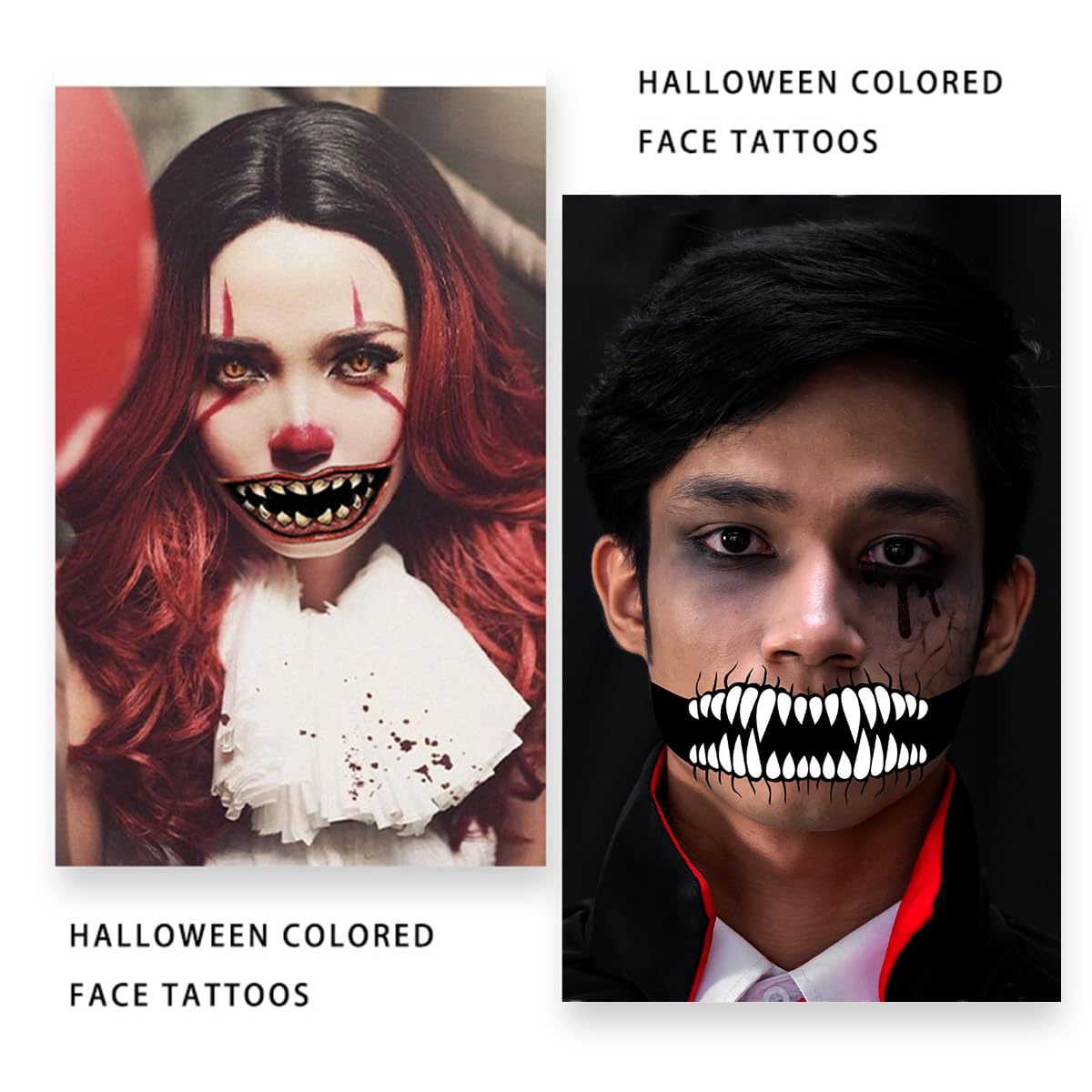 10 hojas de calcomanías temporales de Halloween para tatuajes de broma, para la cara, calcomanías temporales de boca de payaso de terror, heridas de