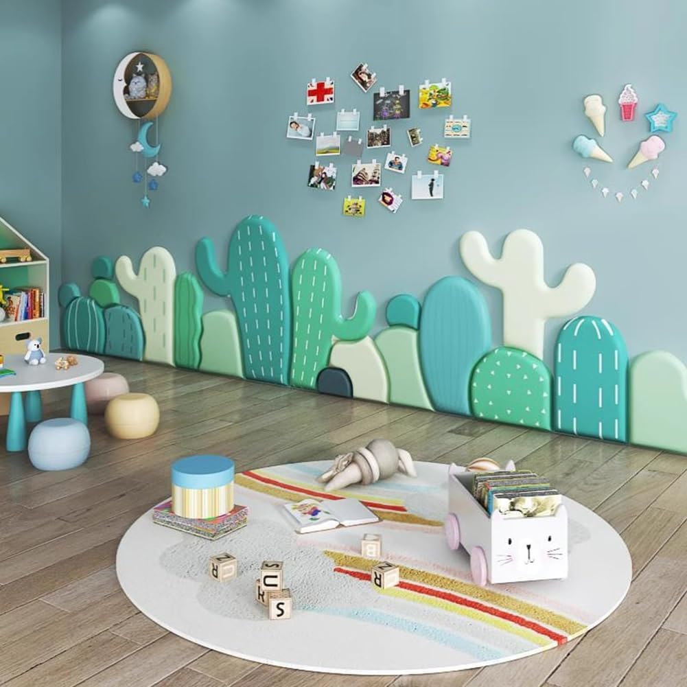 Paneles de pared 3D de dibujos animados de cactus 3D, pegatinas de pared suaves anticolisionespapel pintado, acolchado de pared para jardines de