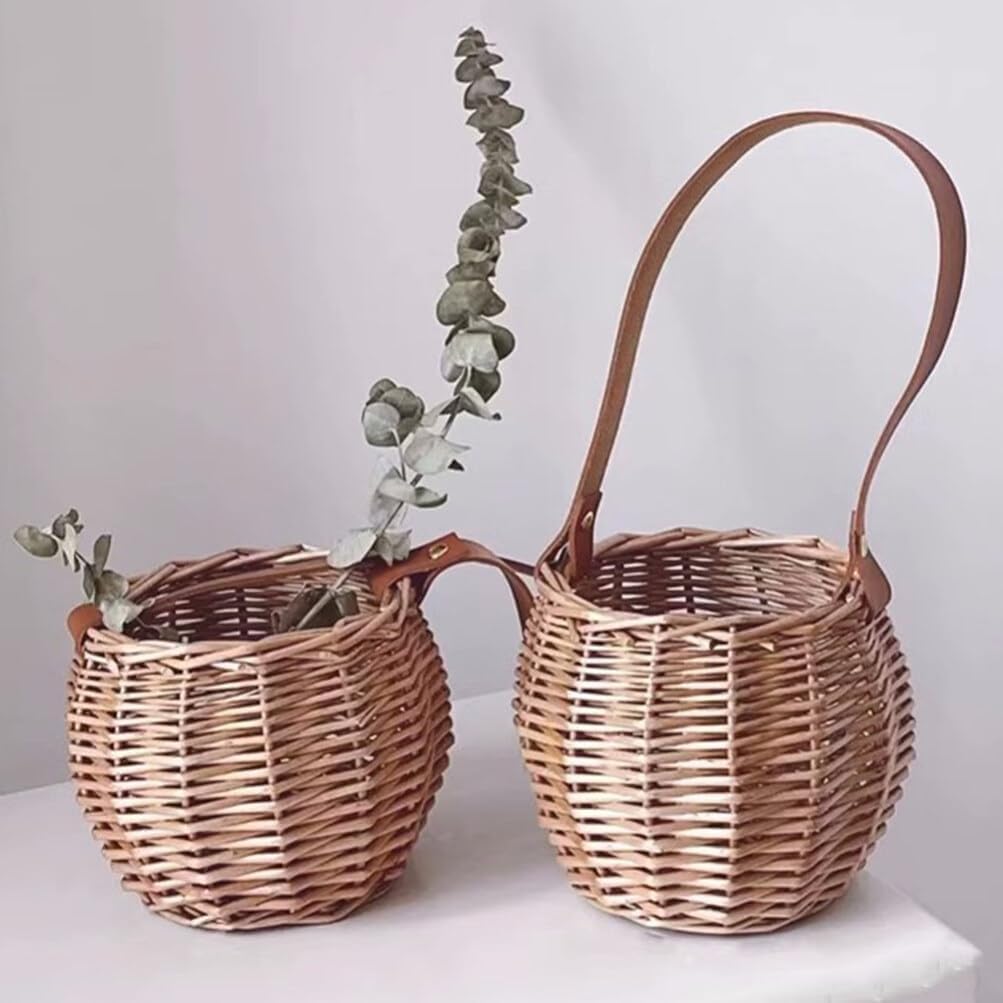 Cestas tejidas de mimbre con mango de cuero, cestas de flores para niñas, cesta de almacenamiento de dulces para boda, fiesta, decoración del hogar