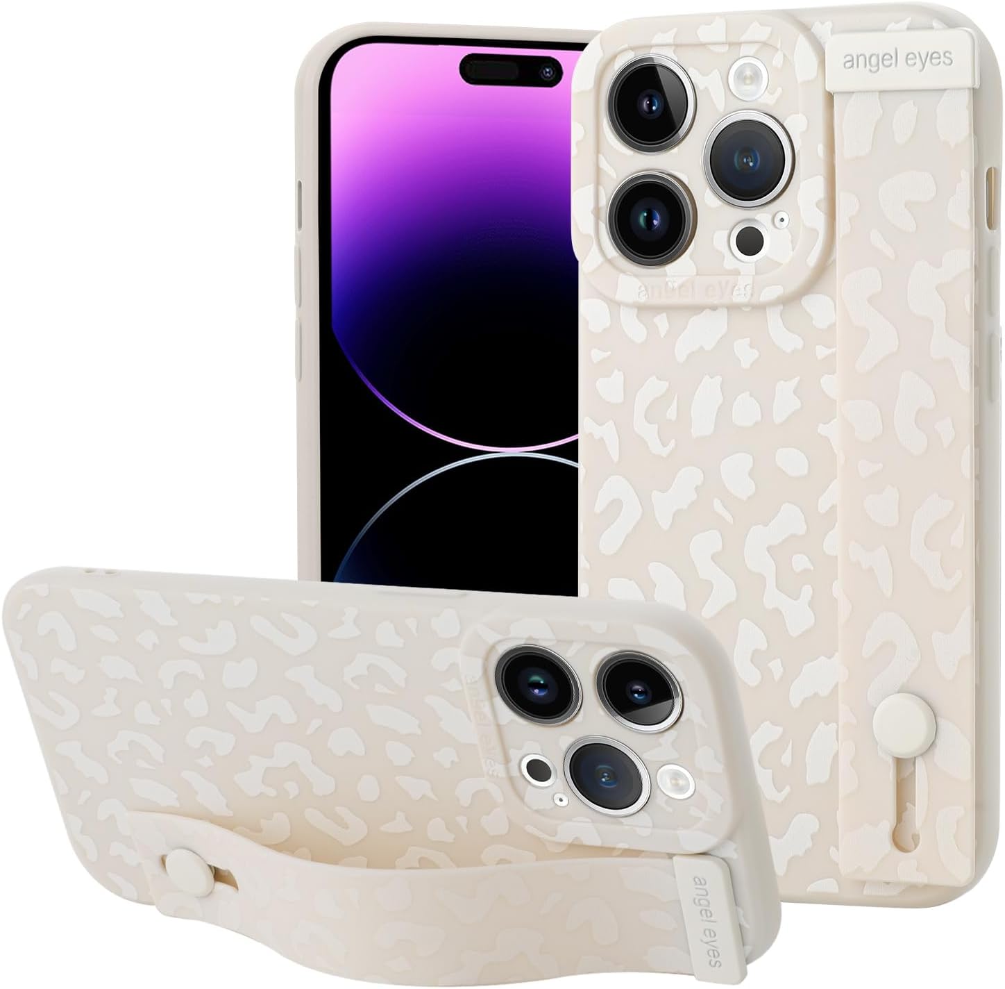OOK Funda compatible con iPhone 14 Pro con estampado de leopardo con correa para la muñeca, funda de protección de poliuretano termoplástico de