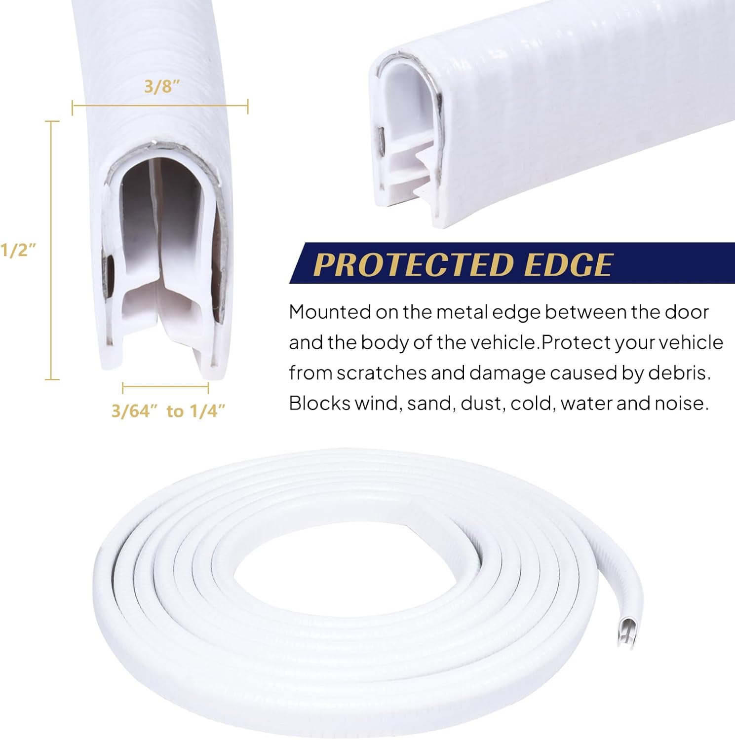 Borde blanco de goma con canal en U con metal de 12 x 38 pulgadas, para espacio de 364 a 14 pulgadas, tira de sellado de borde de puerta de