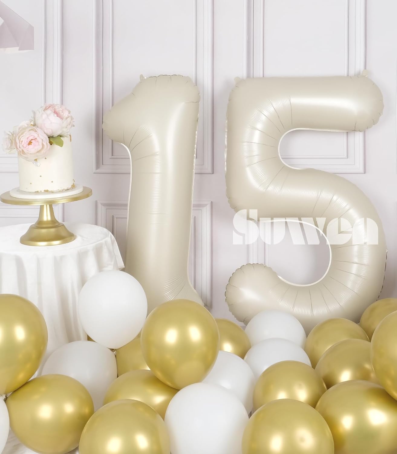 SUWEN Globos grandes de 40 pulgadas color blanco crema con el número 15, globos de helio de aluminio grandes del 0 al 9, decoraciones de fiesta de