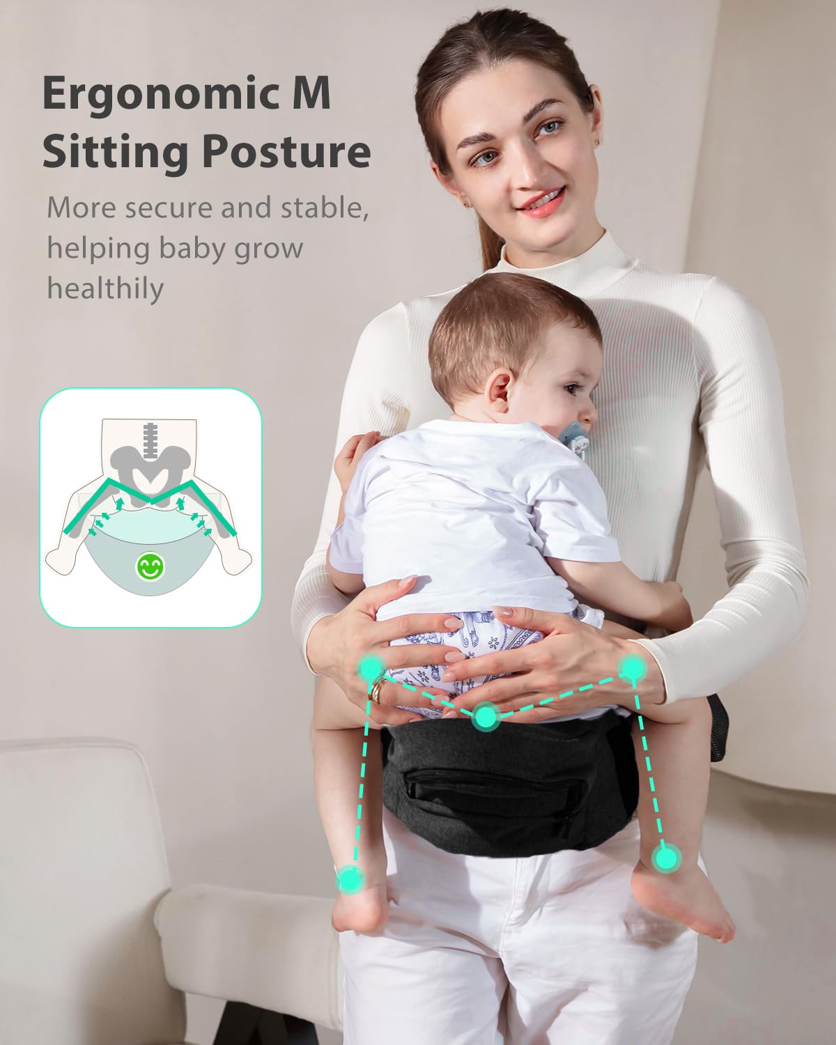 Portabebés ergonómico con múltiples bolsillos, cintura extendida ajustable para recién nacidos y niños pequeños de hasta 50 libras, color negro