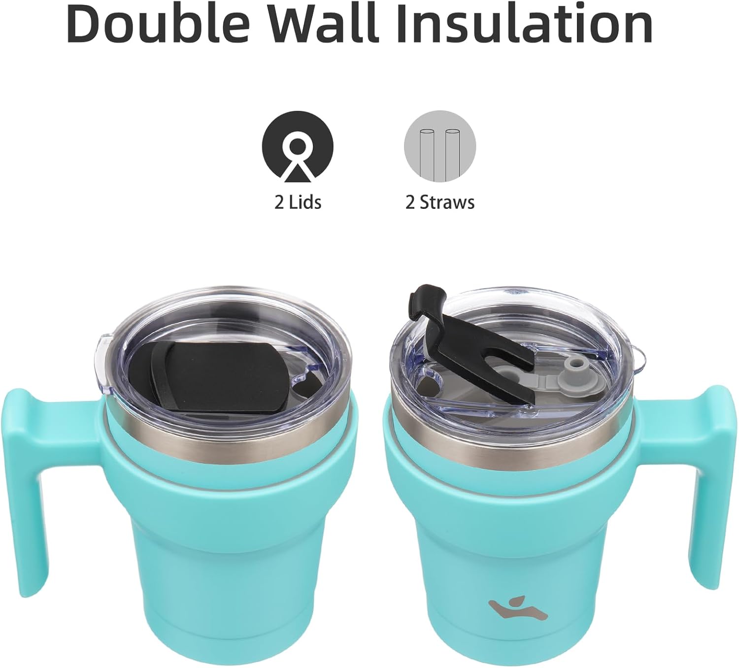 Vaso de 10 onzas con asa y 2 pajillas, 2 tapas, botella de agua aislada de acero inoxidable al vacío, taza de viaje reutilizable, turquesa