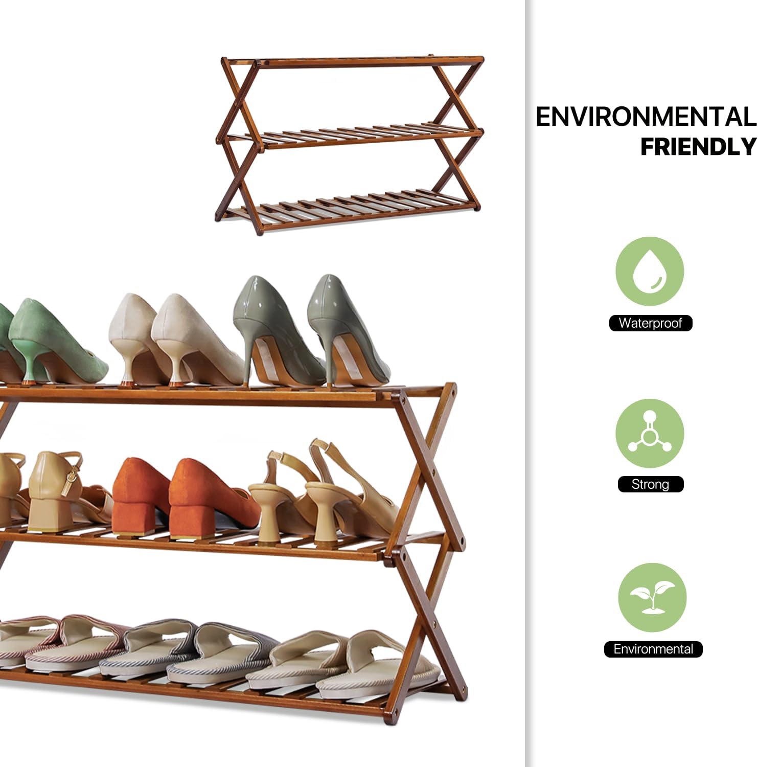 Magshion Organizador de zapatos plegable de bambú, estantes de zapatos apilables con estantes para sala de estar, entrada, oficina, vestíbulo,