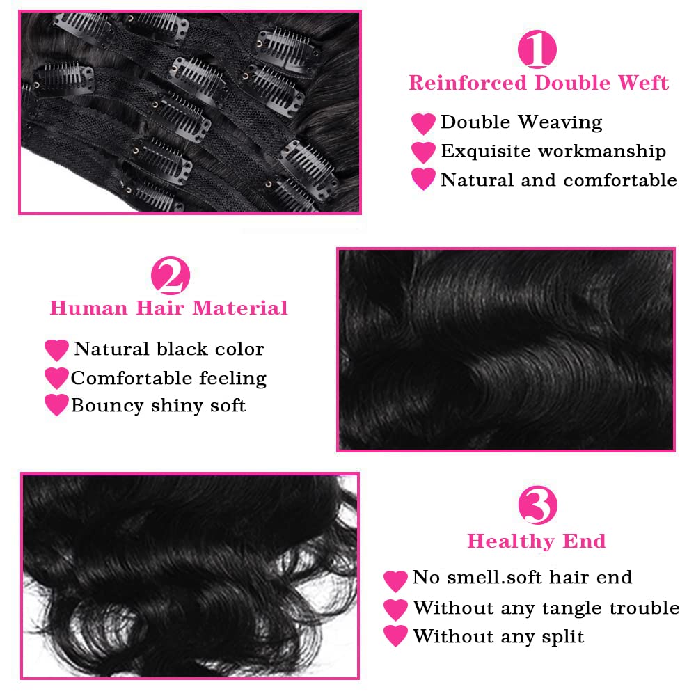 Extensiones de cabello humano real con clip, de 26 pulgadas, 8 unidades, extensiones de cabello humano brasileño ondulado con 18 clips, doble trama