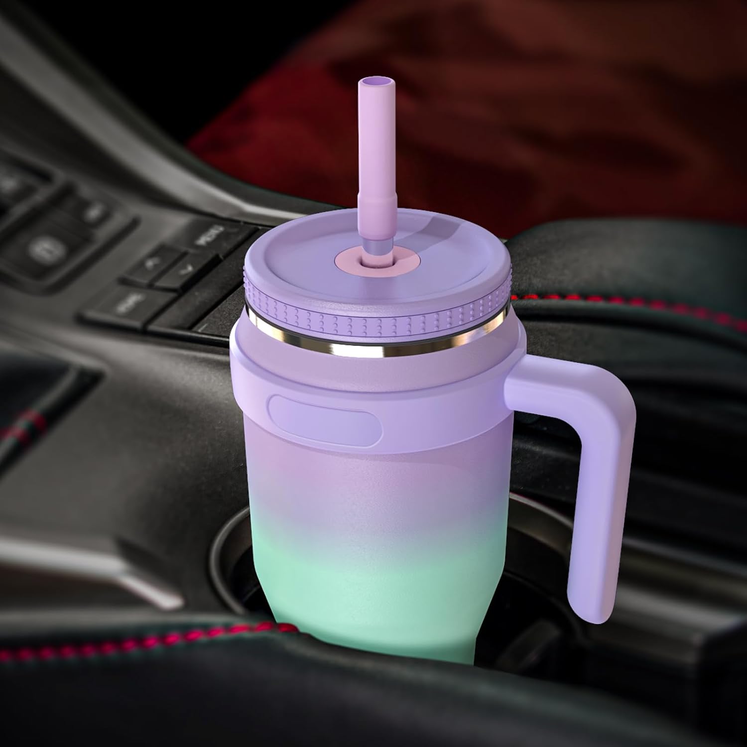 Vaso de 40 onzas con asa y tapa con popote, taza de viaje de acero inoxidable aislada al vacío con tapa de tornillo para colocar en el soporte para