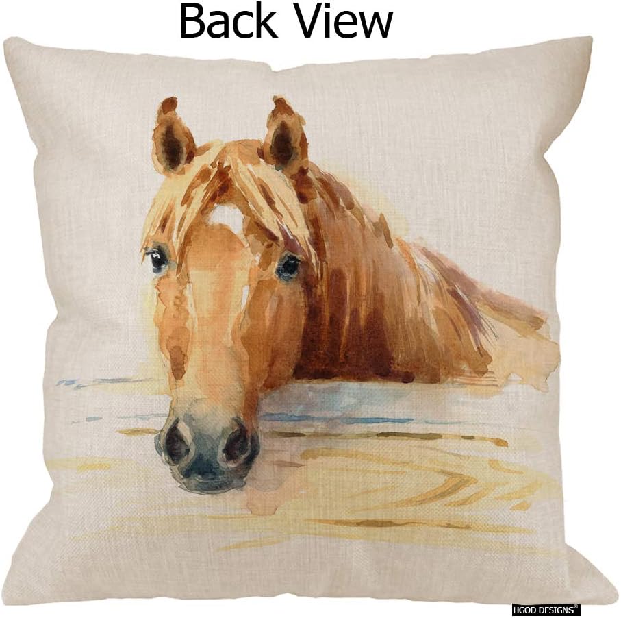 HGOD DESIGNS Funda de cojín decorativa con diseño de caballo de acuarela en el arte estable, funda de cojín cuadrada de lino y algodón, 20 x 20