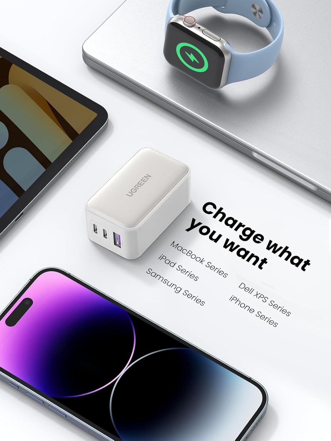 UGREEN Cargador USB C de 65 W, Nexode 3 puertos GaN Bloque de cargador rápido, cargador plegable compacto para MacBook ProAir, Dell XPS, iPhone 15