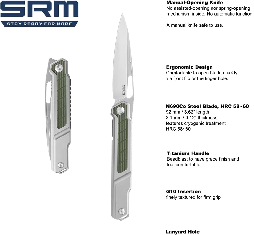 SRM Cuchillos plegables de bolsillo, hoja N690Co, mango de titanio, rodamiento de bolas rodantes, para uso al aire libre, EDC o sobreviviente,
