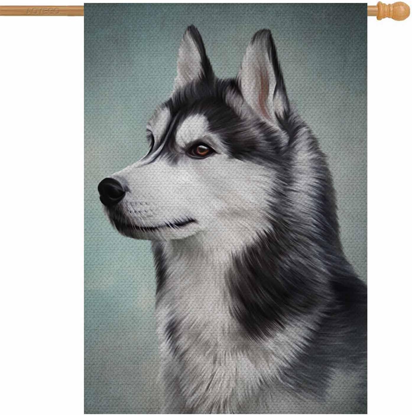 AOYEGO Bandera de casa de perro de Husky siberiano de 28 x 40 pulgadas, grande, vertical, de doble cara, pintura al óleo, decoración exterior de