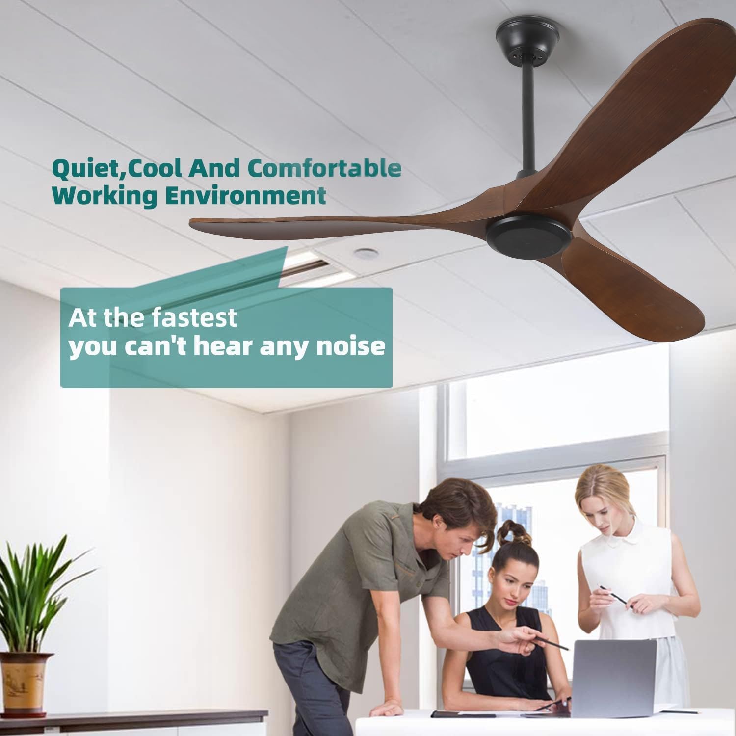 Ventiladores de techo de 56 pulgadas con mando a distancia con 3 cuchillas de madera ABS y 2 varillas descendentes, motor CC reversible para