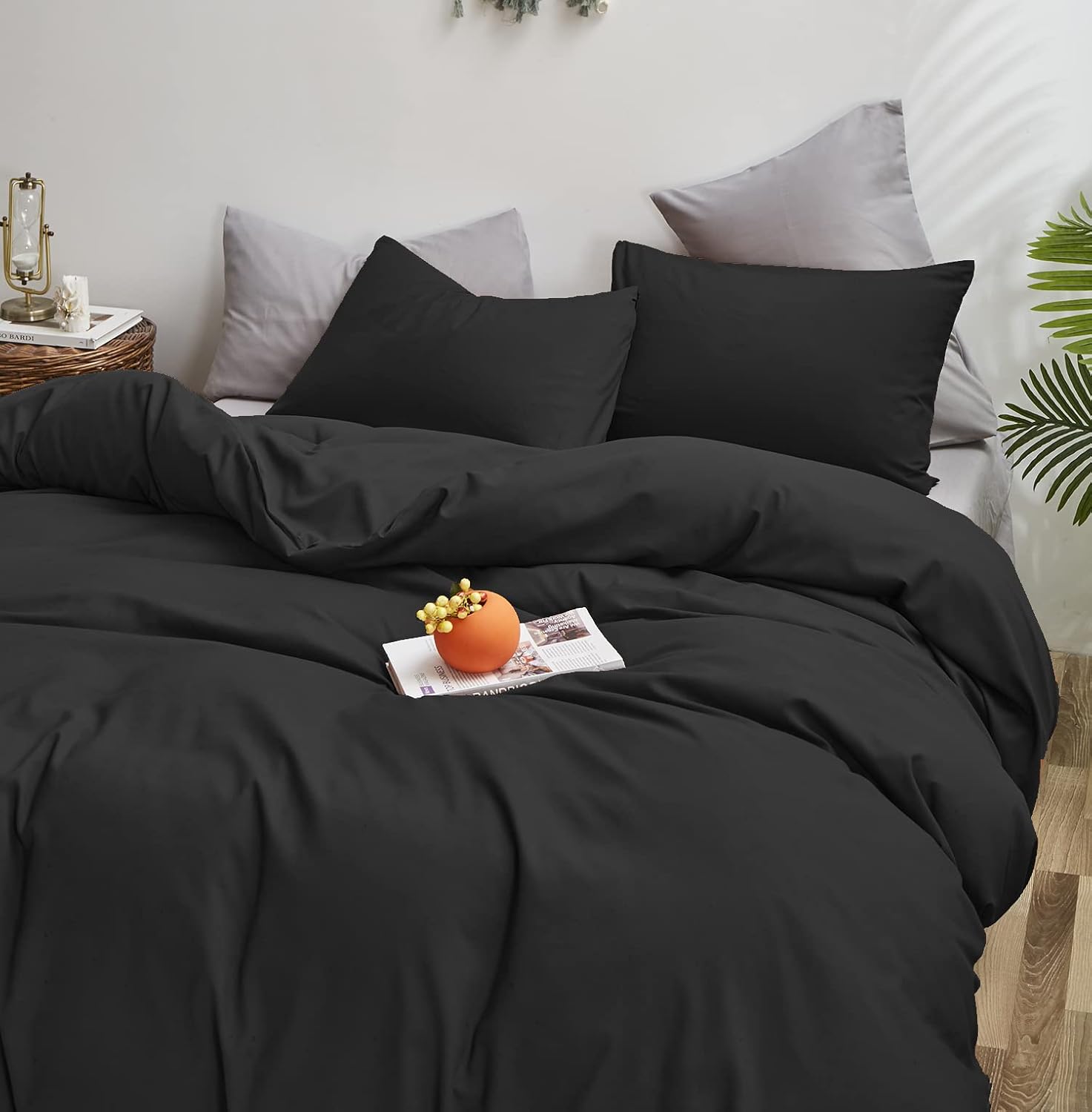 Juego de edredón negro sólido, tamaño matrimonial, color negro puro, suave, ligero y duradero, juego de edredón para mujeres y hombres