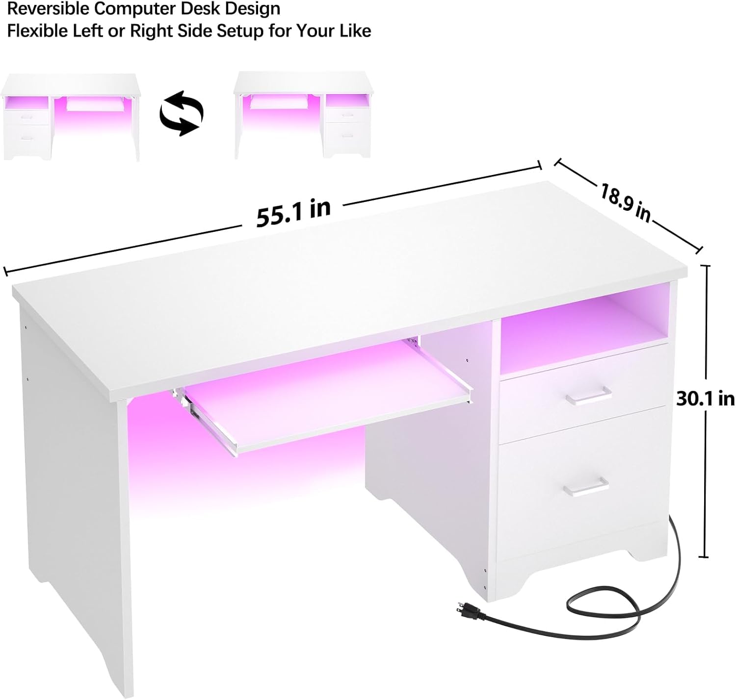 Escritorio reversible para computadora con cajones de archivos, escritorio de oficina de 55 pulgadas con luz LED RGB y toma de corriente, escritorio