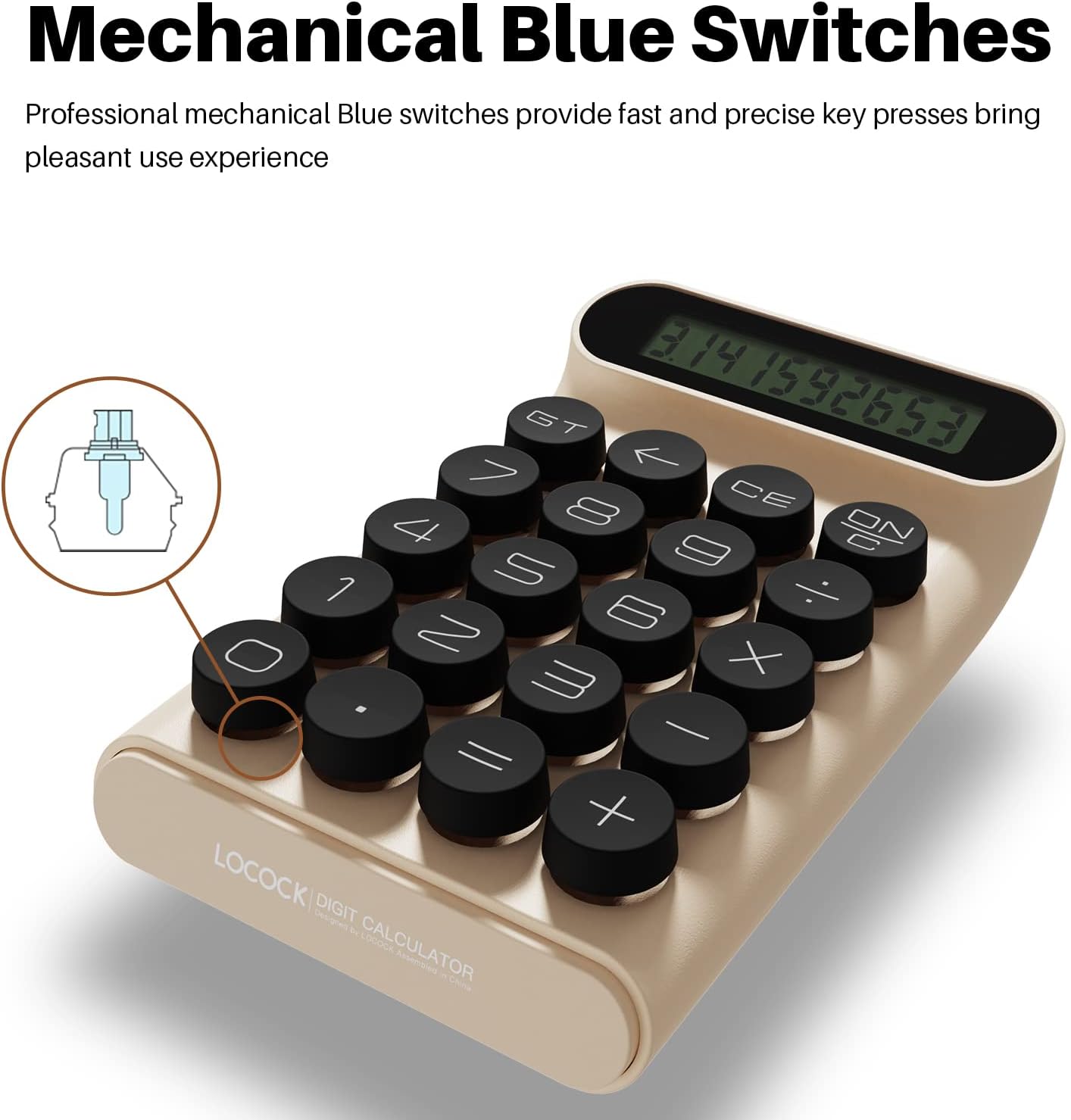 Calculadora de interruptor mecánico, portátil para oficina diaria y básica,Pantalla LCD grande de 10 dígitos (crema)