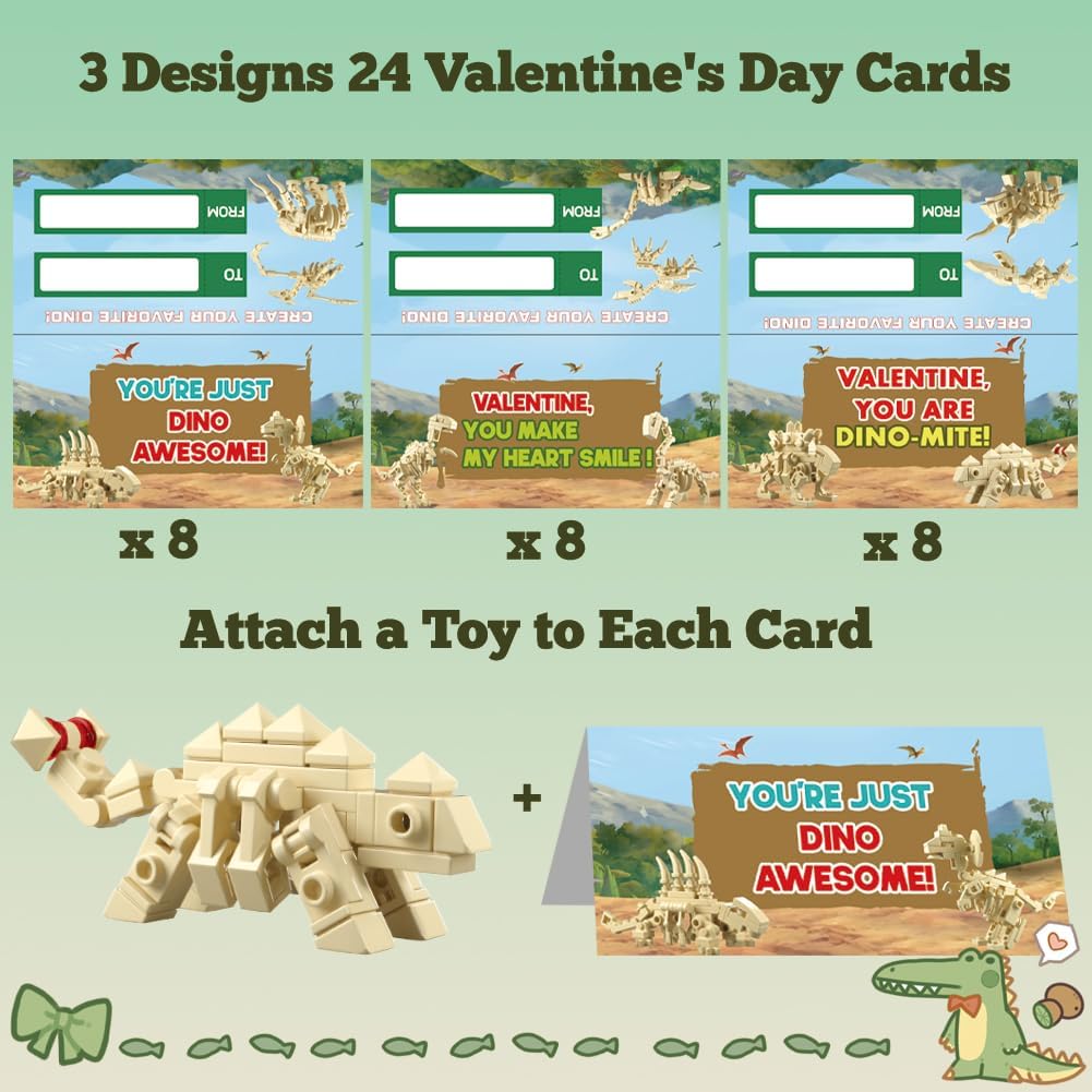 WODMAZ Paquete de 24 tarjetas de San Valentín para niños, bloques de construcción de dinosaurios con tarjetas de felicitación del día de San