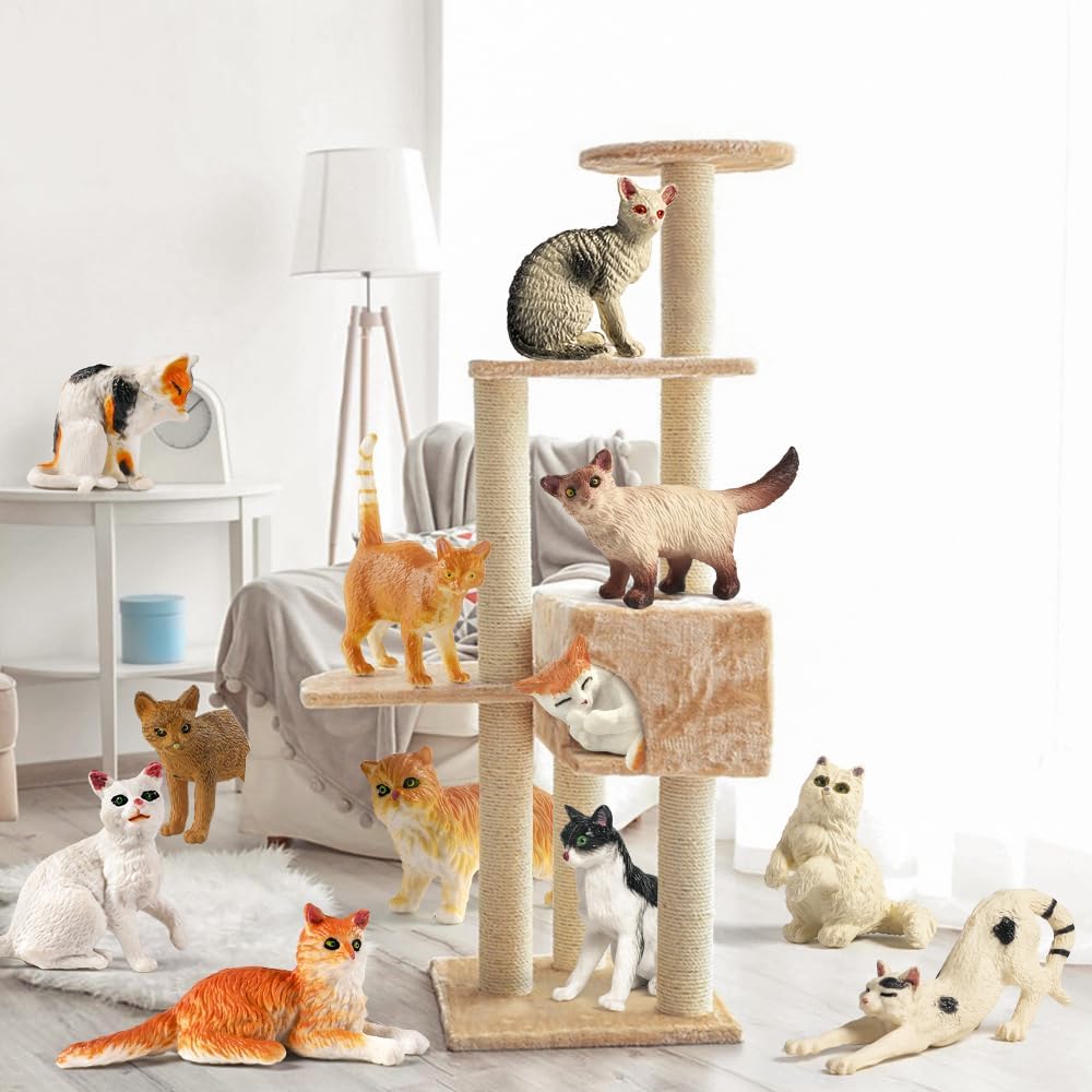 Mini Tudou Juego de figuras de gato de 12 piezas, juego de figuras de gato realistas con cuenco de comida, juguetes educativos para gatitos, figuras