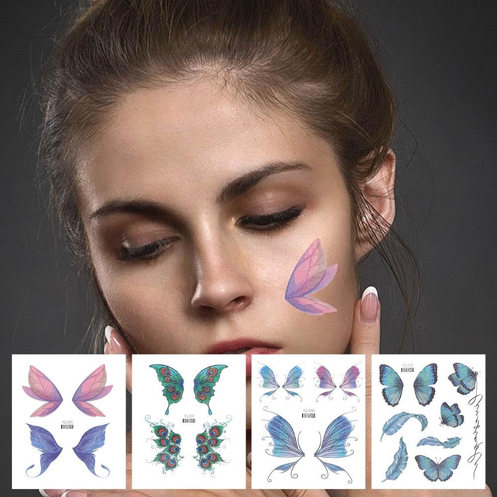 Tatuajes temporales de mariposa, exquisitas alas de ángulo de mariposa, tatuajes falsos para mujer, arte corporal de muñeca, cuello de muñeca,