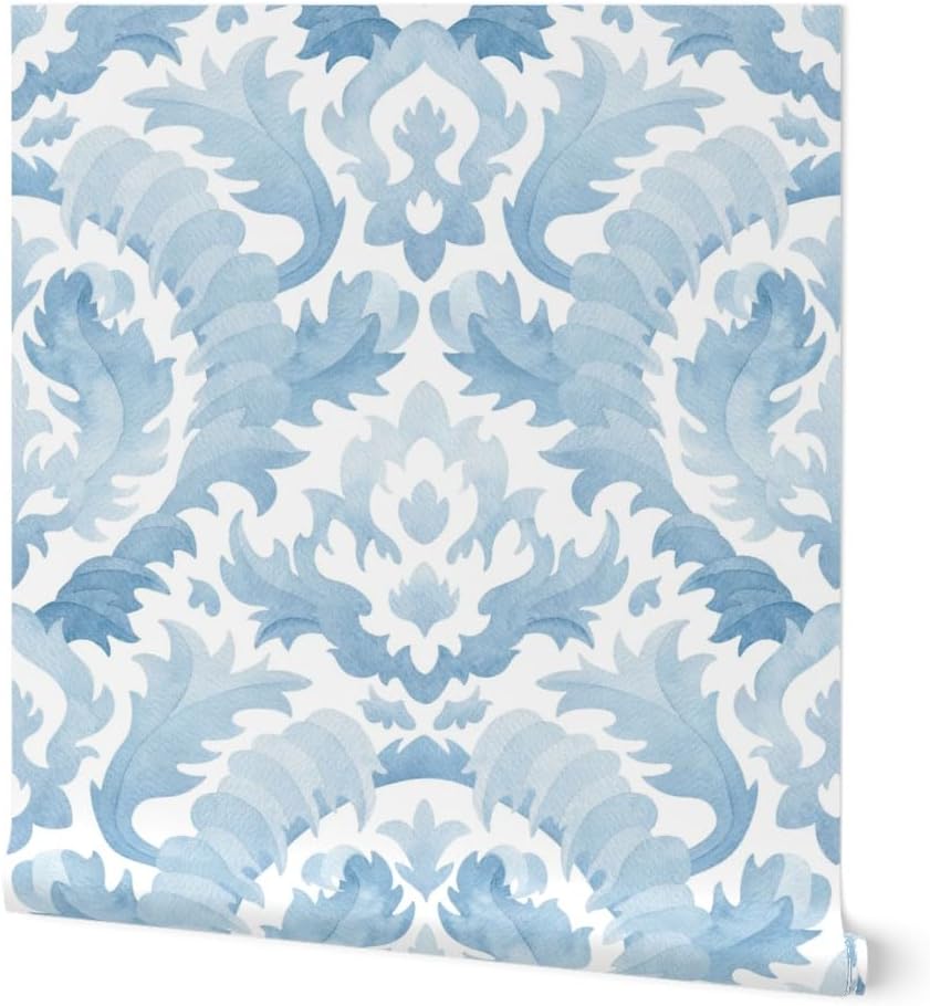 Spoonflower Muestro de papel tapiz extraíble – Acuarela Damasco Botánico Floral Azul Claro Monocromo Clásico Barroco Hoja de Acanto Papel pintado