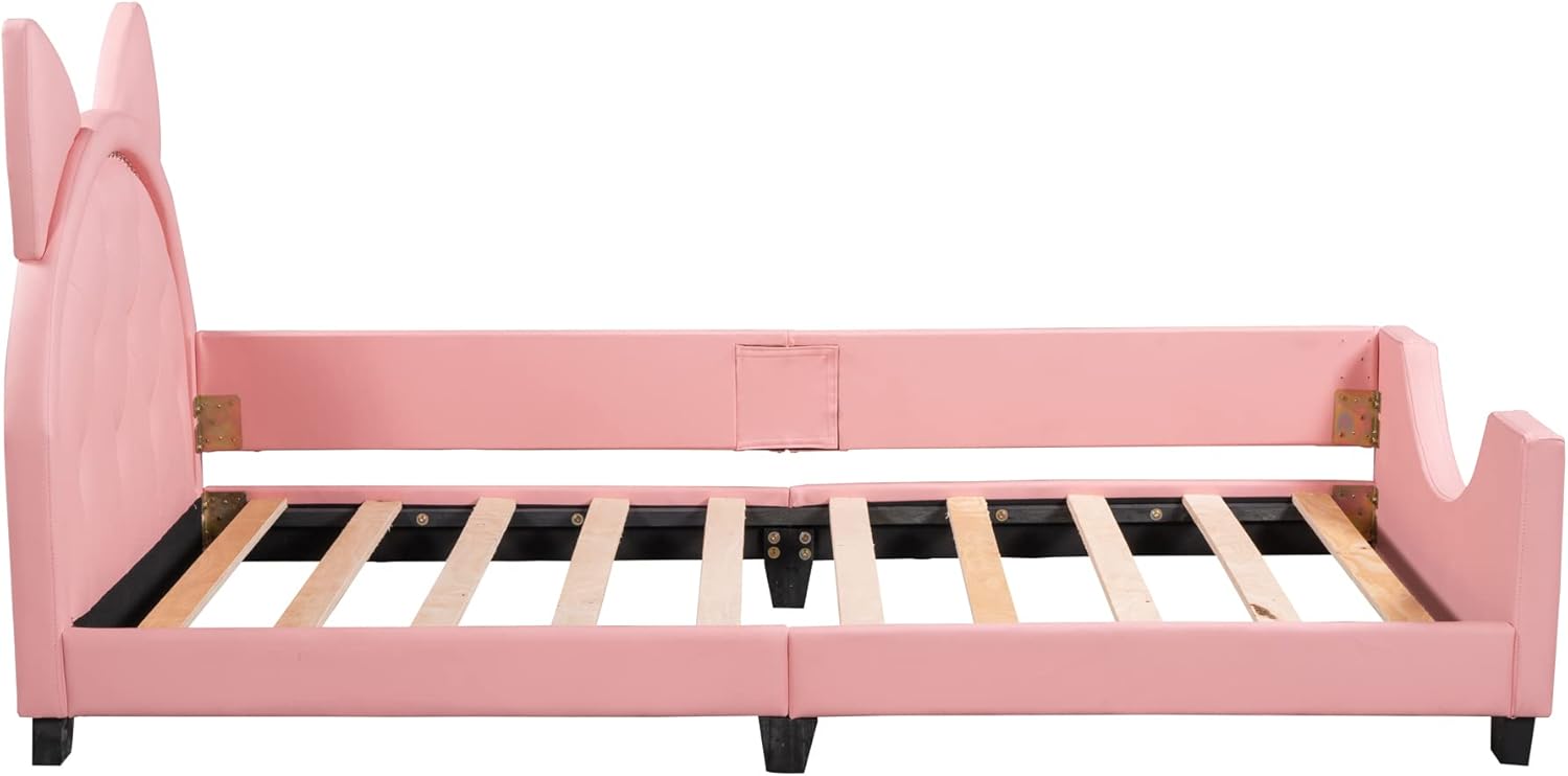 Merax Sofá cama tapizado de tamaño individual con cabecero de orejas de conejo, marco de cama de plataforma para niños, dormitorio infantil, no
