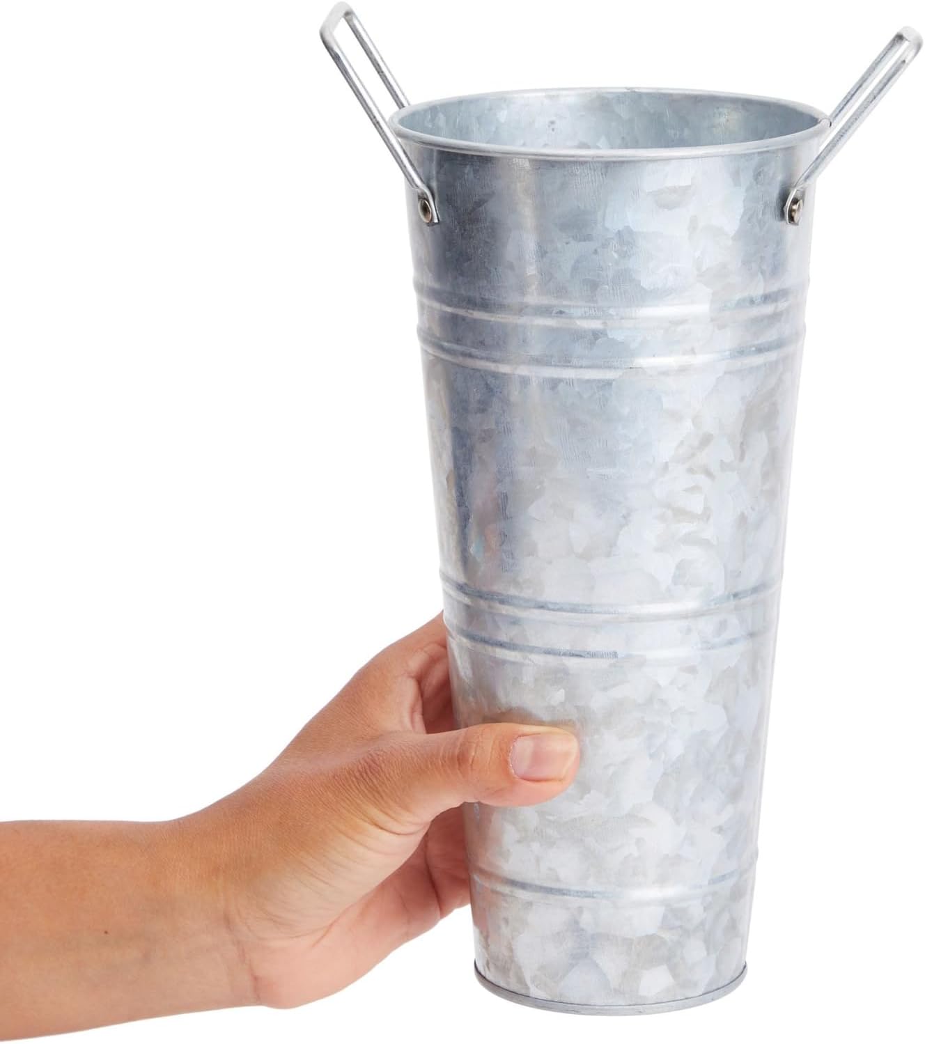 Farmlyn Creek Paquete de 4 cubos de flores galvanizados de 10 pulgadas con asas para decoración de granja de estilo rústico, jarrones de metal para