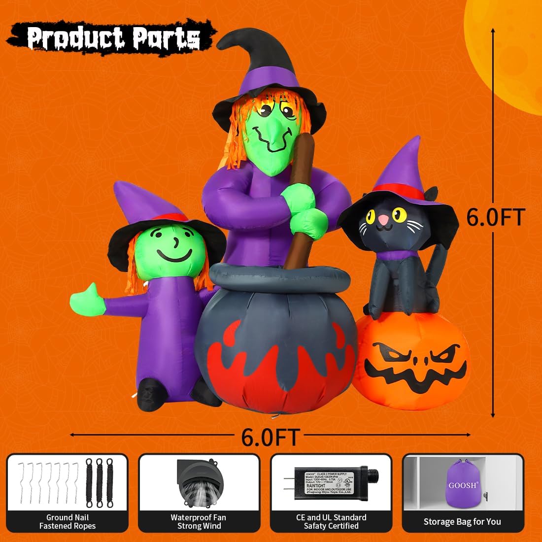 GOOSH Paquete inflable de araña de Halloween de 8.5 pies y bruja inflable de 6 pies
