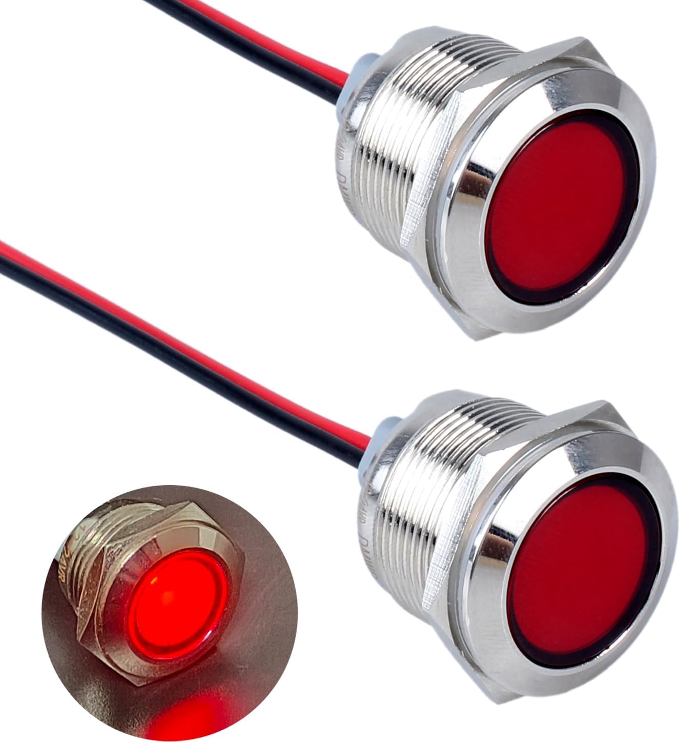 2PCS 0.866 in Metal Indicador Luz Orificio de Montaje 78″, 12-24V ACDC 20mA Impermeable IP67 Lámpara Piloto LED Cabeza Plana con 20cm7.87in. Cable