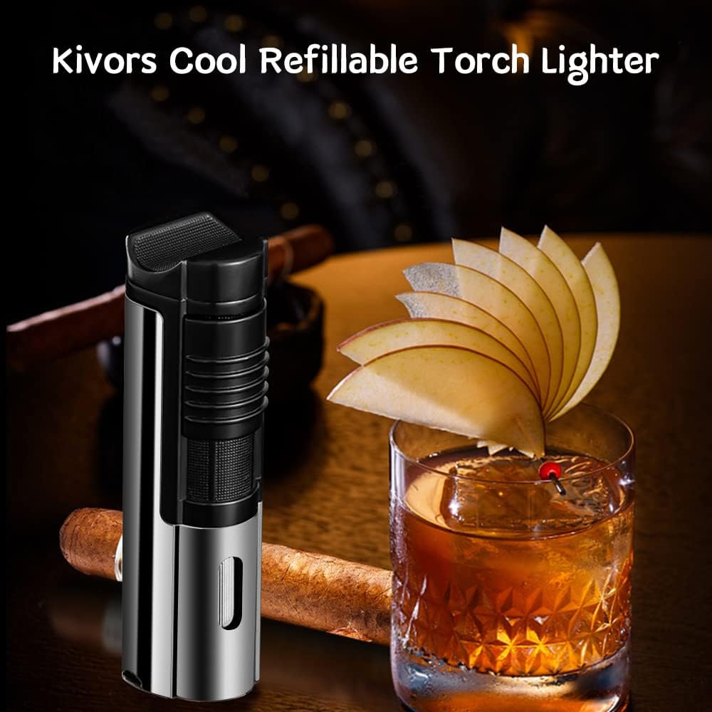 Kivors Encendedor de antorcha con triple llama de chorro ajustable, ventana visible, encendedor recargable de butano para velas, cocina, barbacoa,