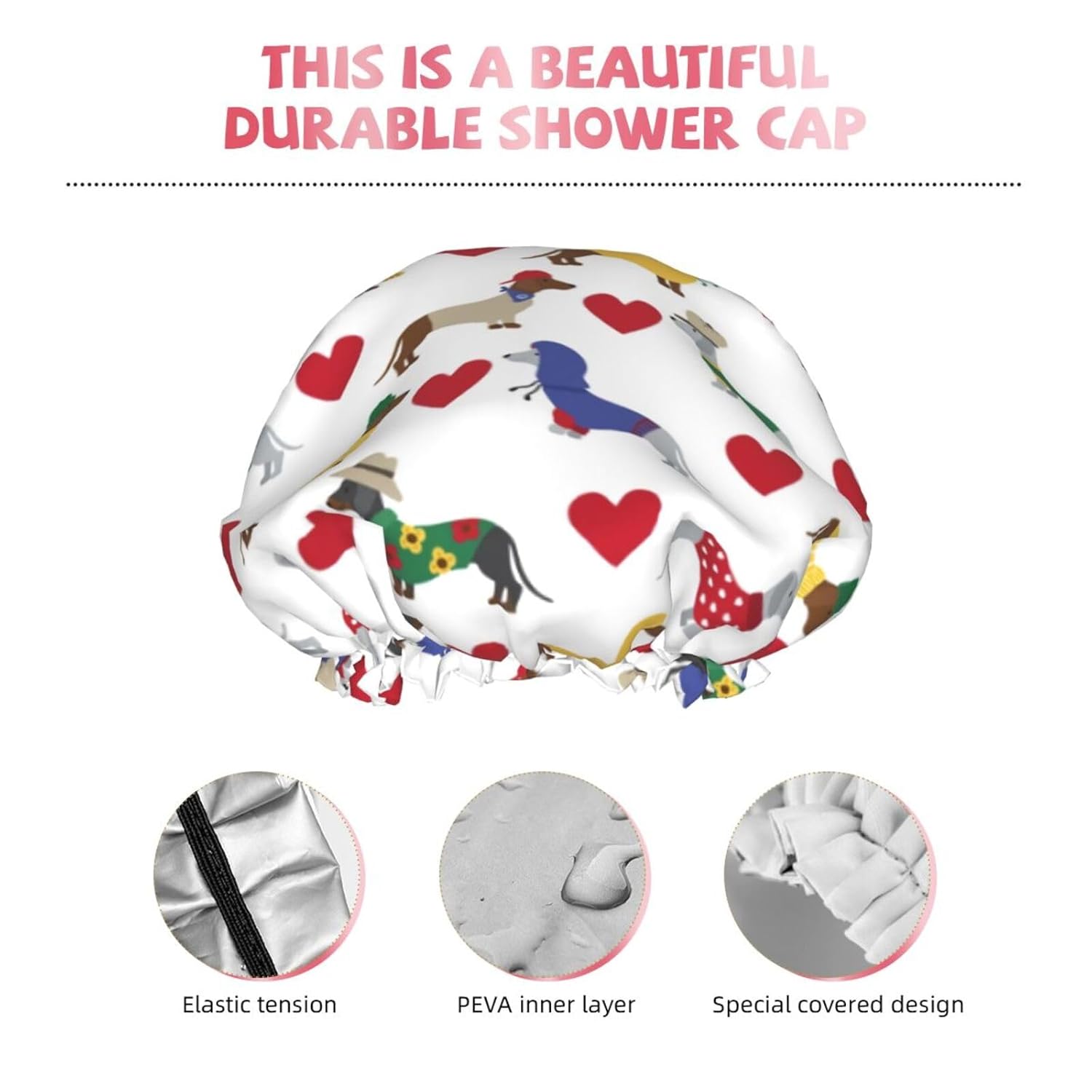 Lovely Dachshund Dog Shower Cap For Women Adjustable Double Waterproof Layers Bathing Shower Hat Hair Protection Reusable Ladies Spa Salon Shower Hat