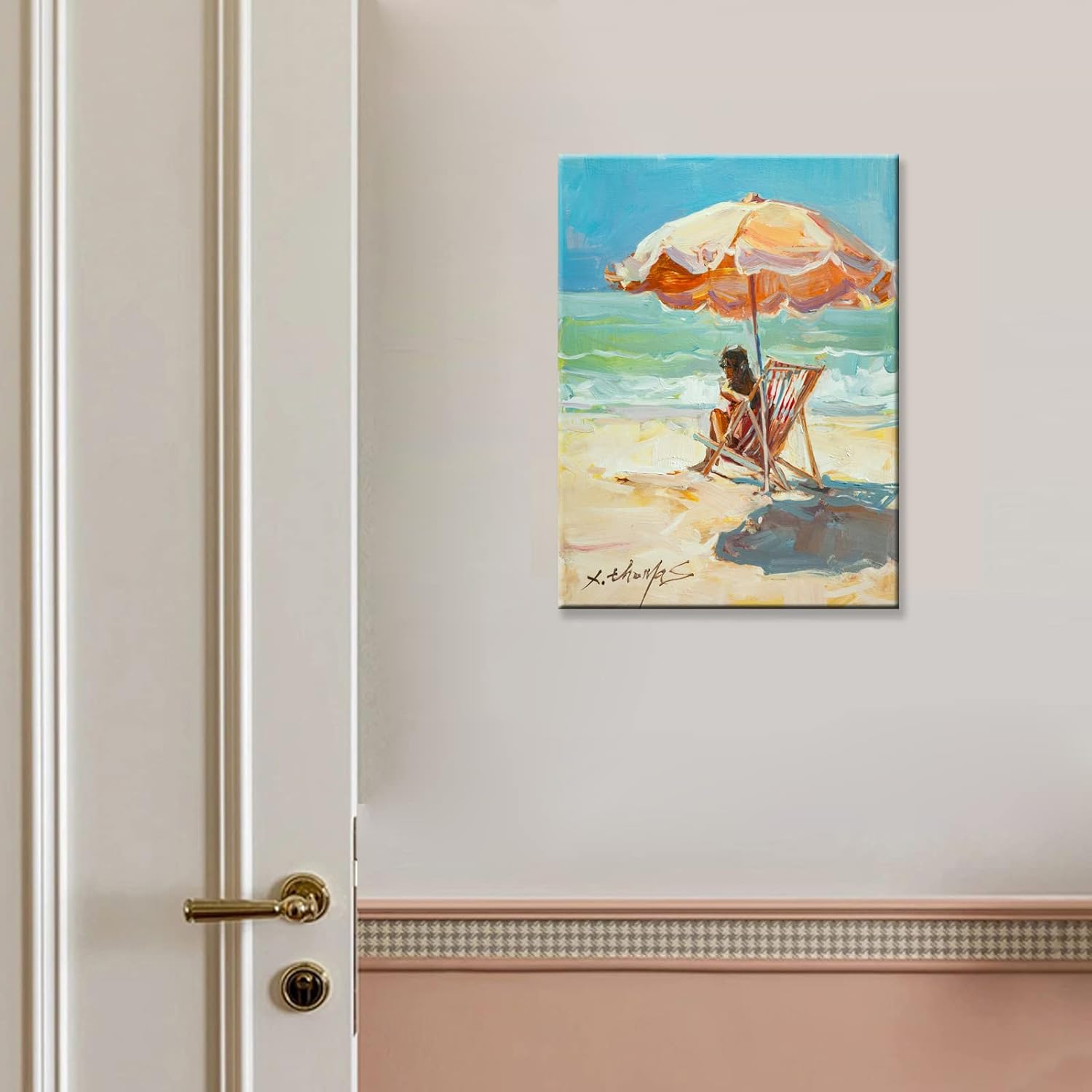 Lienzo decorativo para pared, diseño de mujer en silla bajo un paraguas de playa naranja, imágenes de paisaje marino del océano, ilustraciones para