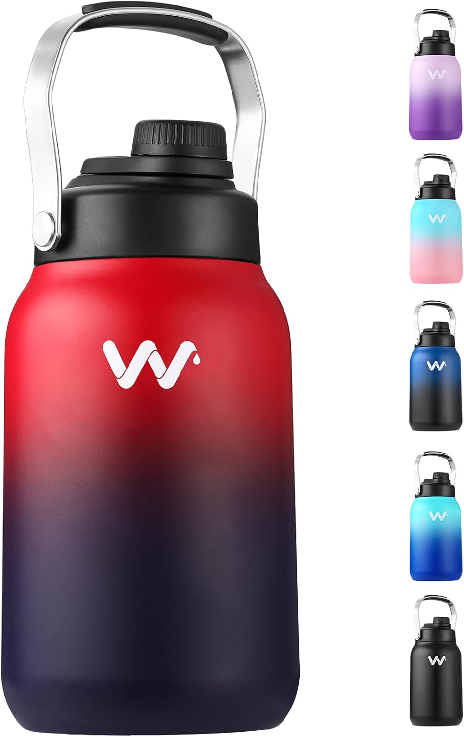 WEREWOLVES Botella de agua aislada con asa, botella de agua de metal de medio galón, 64 onzas, grande de acero inoxidable a prueba de fugas, boca
