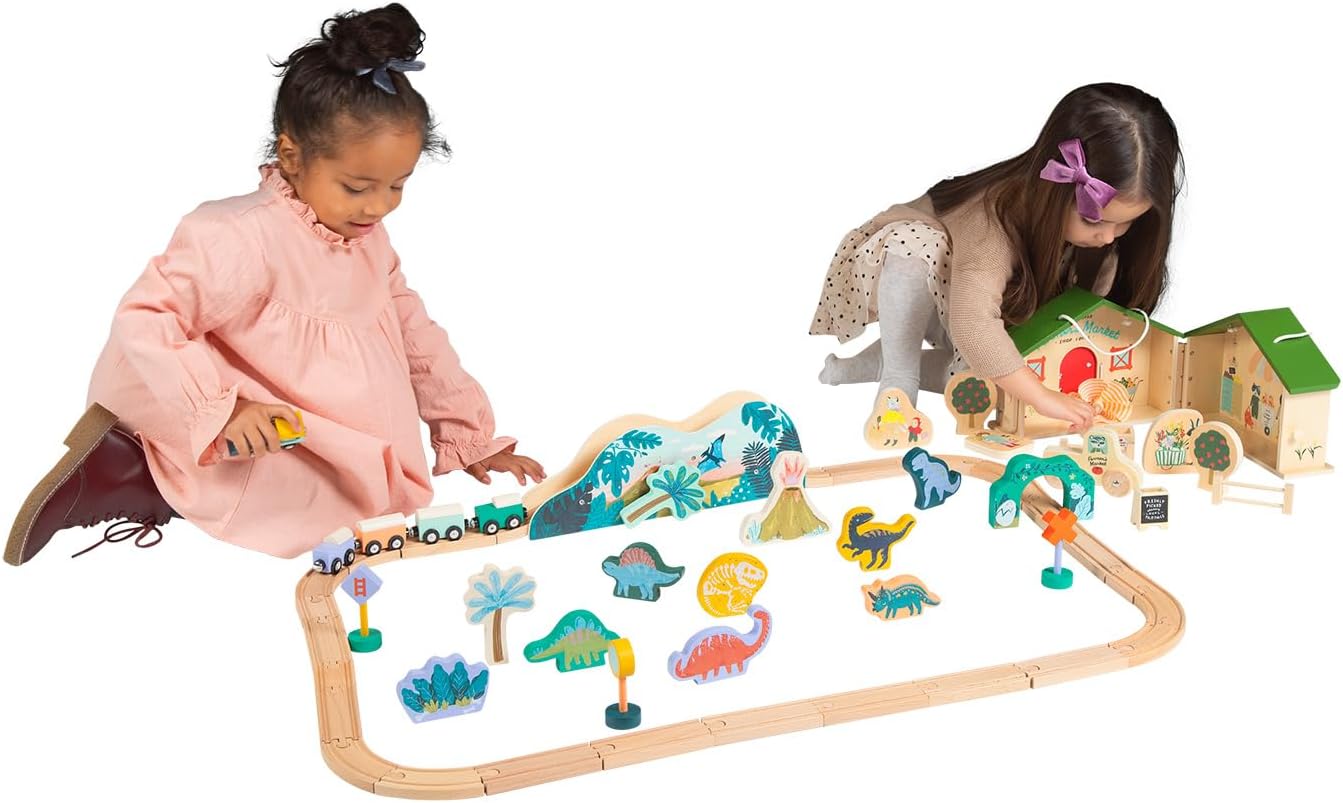 Manhattan Toy T-Rex Express – Juego de tren de juguete de madera con temática jurásica de 45 piezas para niños de 3 años en adelante