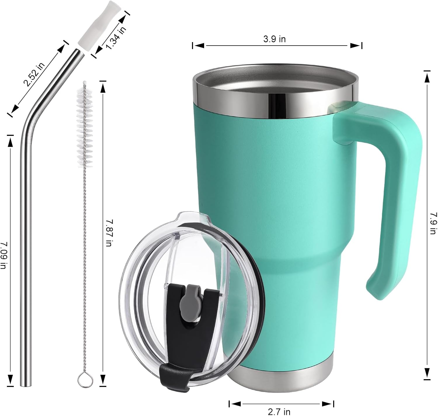 Vaso de 30 onzas con asa y pajilla, taza de viaje con tapa a prueba de fugas, taza de acero inoxidable aislada al vacío con popote y cepillos, todos