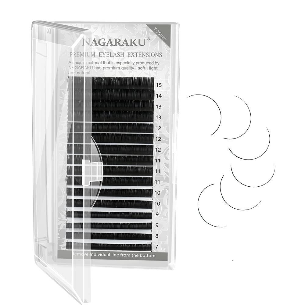 NAGARAKU Extensiones de pestañas individuales de 0.05 CC rizo 0.276-0.591 in, bandeja mixta clásica negro mate suave, visón sintético natural, 16