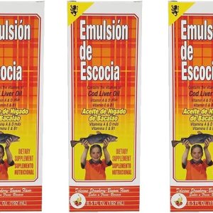 Emulsión de Escocia. Suplemento dietético de aceite de hígado de bacalao. Rico en vitaminas A, D, E y B1. Sabor a fresa y plátano. 6.5 onzas Emulsión de Escocia. Suplemento dietético de aceite de hígado de bacalao. Rico en vitaminas A, D, E y B1. Sabor a fresa y plátano. 6.5 onzas