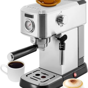 Máquina de café expreso de 15 barras con vaporizador de leche, máquina de café Home Expresso para capuchino y café con leche (plata, acero Máquina de café expreso de 15 barras con vaporizador de leche, máquina de café Home Expresso para capuchino y café con leche (plata, acero