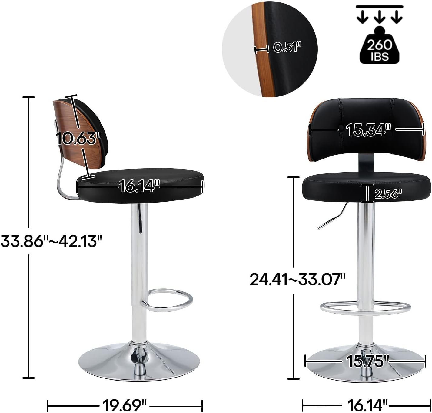 RêveLife Taburete de bar giratorio tapizado de piel sintética, taburete ajustable de altura de mostrador, silla de bar moderna de madera curvada con