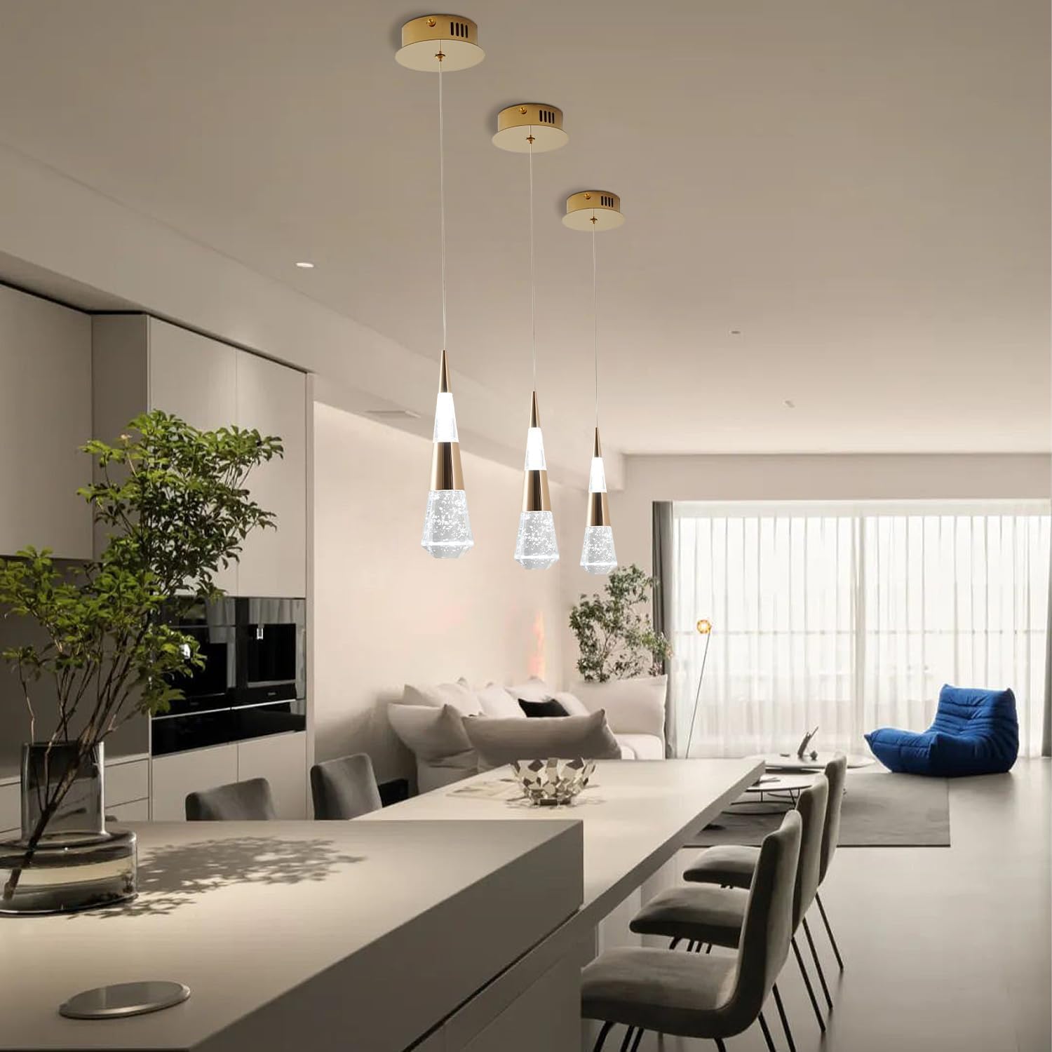 Luces colgantes doradas para isla de cocina, paquete de 3 luces colgantes para isla de cocina, moderna lámpara colgante LED dorada para comedor
