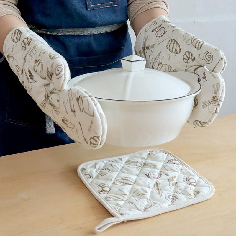 Guantes de horno y agarraderas, guantes de horno y soportes para ollas con forro suave 100% algodón, resistentes al calor para 230 grados, guantes