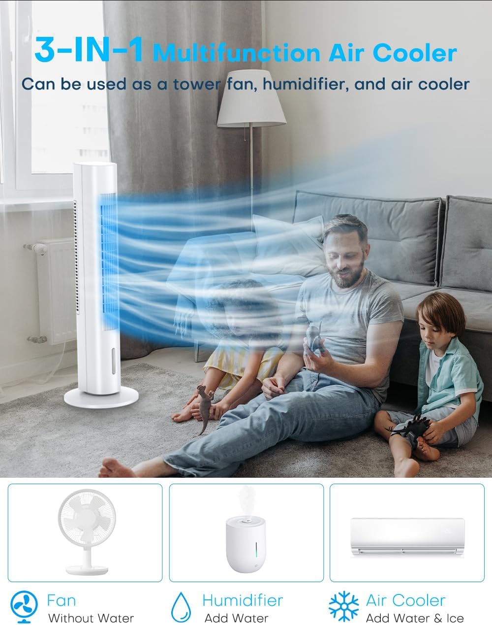 BALKO Enfriador de aire evaporativo de 35 pulgadas, aire acondicionado de pantano mejorado 2024 con modo de enfriamiento, 3 velocidades,