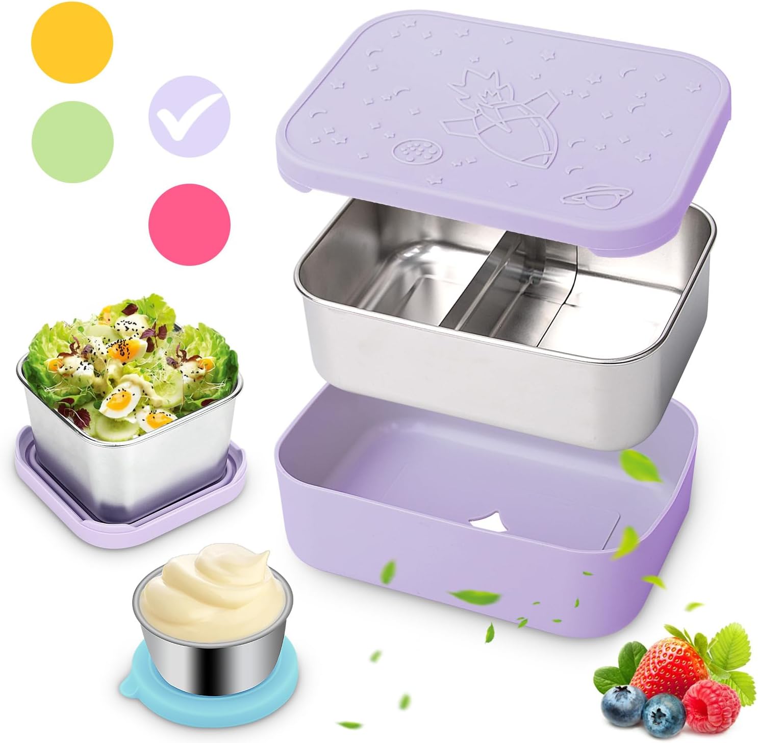 Juego de 3 cajas de almuerzo Bento de acero inoxidable, 28.7 onzas, a prueba de fugas, cajas de almacenamiento de alimentos de metal divididas con