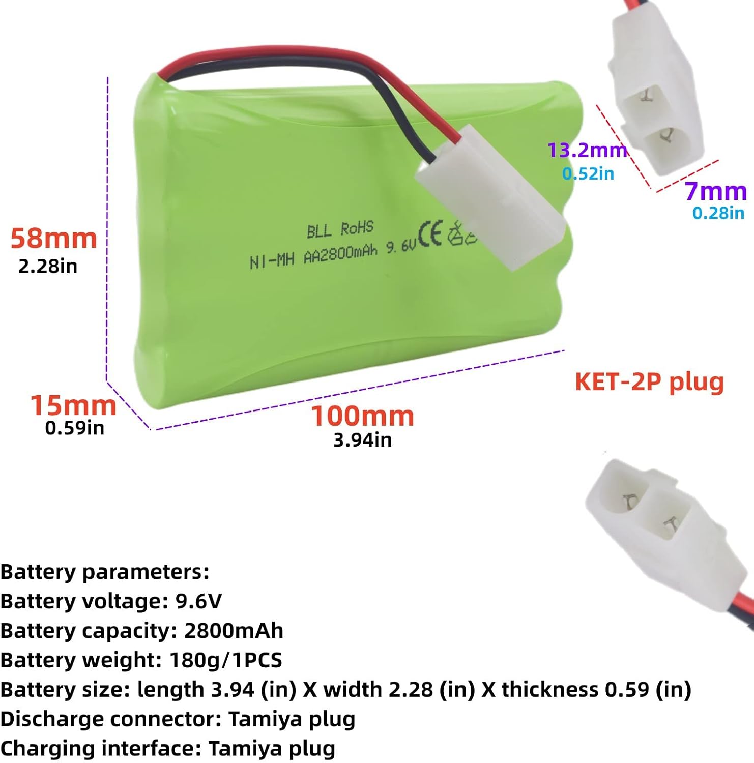 2 baterías recargables AA de 9.6 V 2800 mAh con enchufe Tamiya y cable de carga USB para vehículos de control remoto, camiones, tanques, vehículos