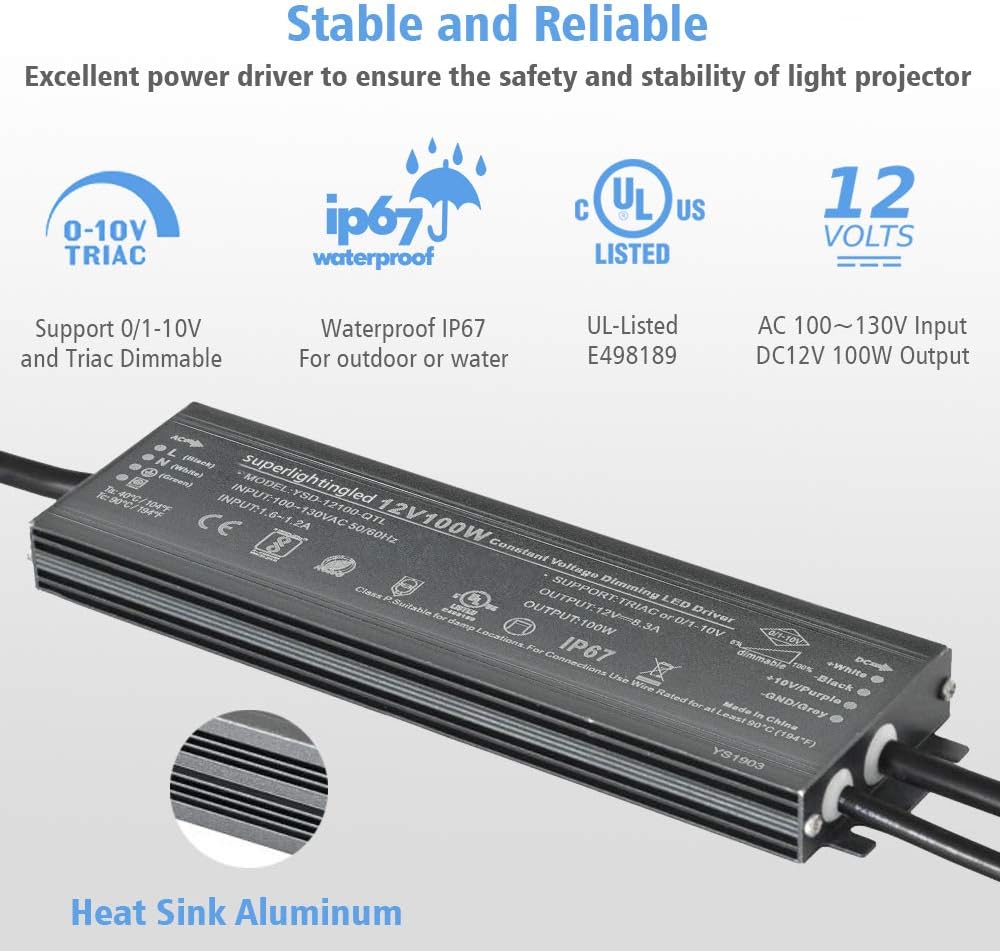 12 V CC 100 W UL-Listed 0-10 V y TRIAC regulable impermeable IP67 fuente de alimentación más delgada 110 V a 12 V transformador de bajo voltaje para