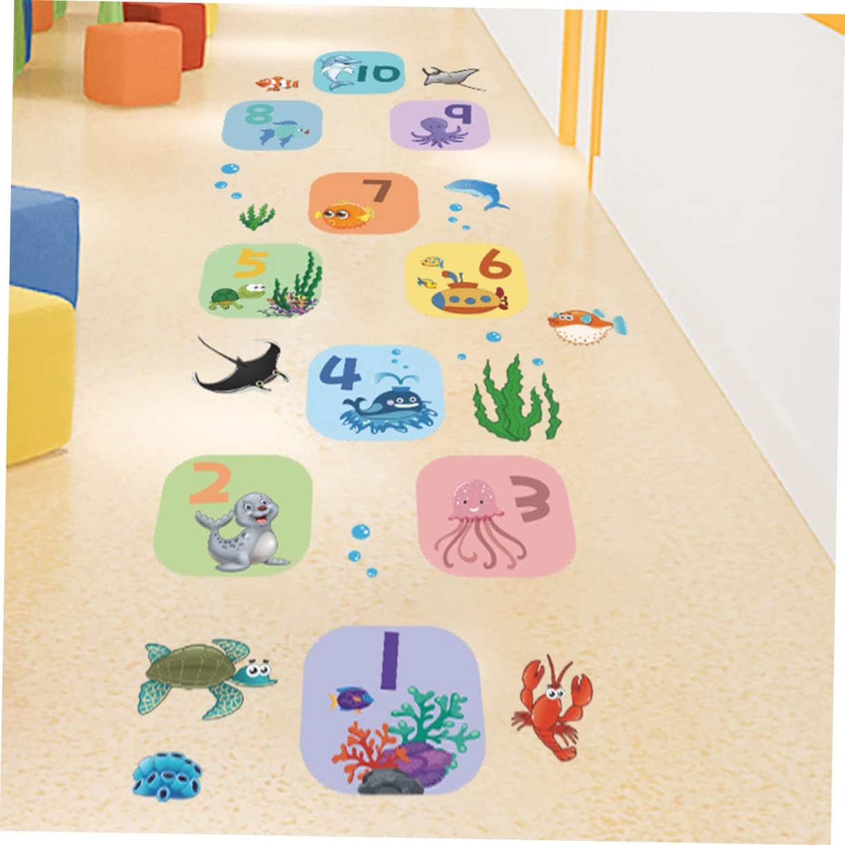 SAFIGLE 1 hoja de pegatinas decorativas de Hopscotch Game Sticker Animales Digital Hopscotch Game Rugs Nursery Room Pegatinas de suelo Pegatina de
