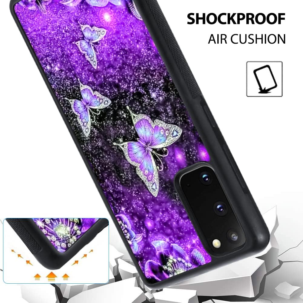 OOK Diseños para Samsung Galaxy S20 Funda Glitter Púrpura Mariposa Nebulosa Diseño Espacio PC Duro+Soft TPU Bumper Antideslizante Ultra Delgada